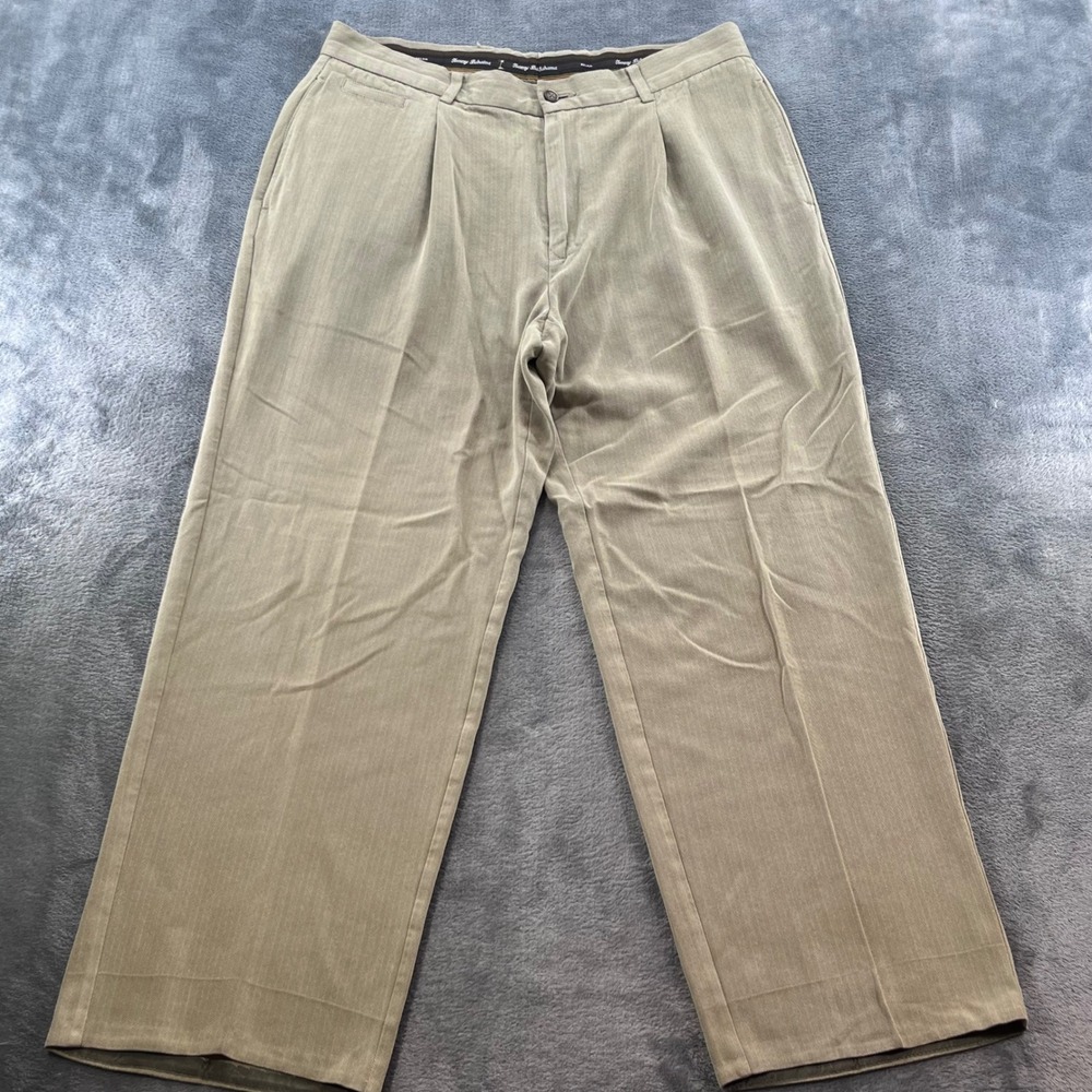 Tommy Bahama Relax Mens 35 Khaki 100% Silk Herringbone Pleated Trousers Pants